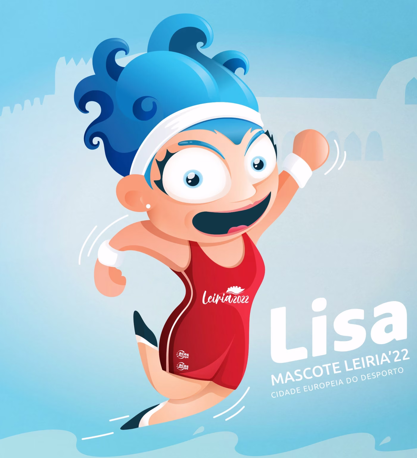 Lisa, the Leiria 2022 European City of Sport mascot, a swimmer with blue hair