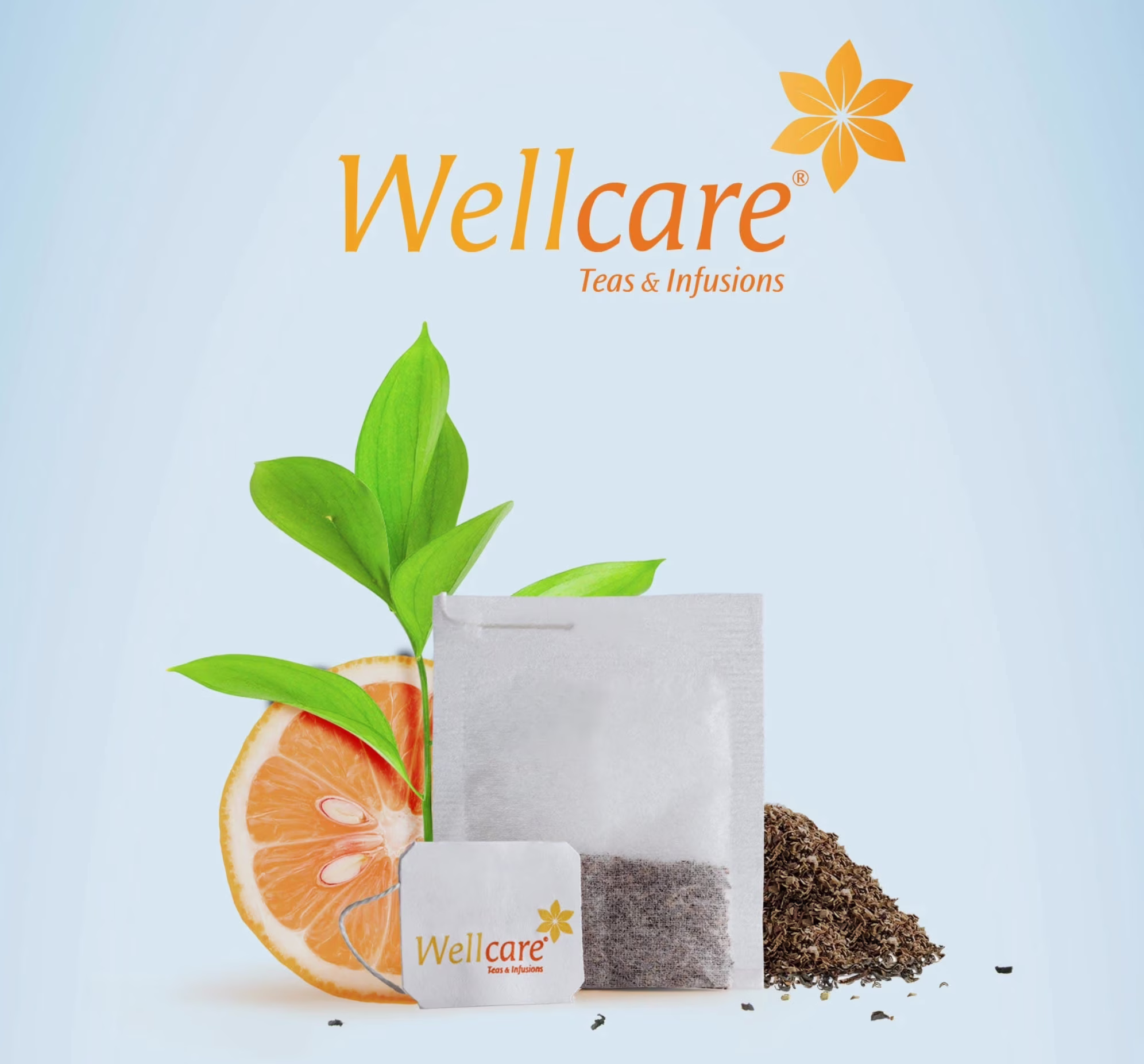 Wellcare teas and infusions: the tea bag and tag with orange, green leaves and loose tea, from the Labialfarma motion video