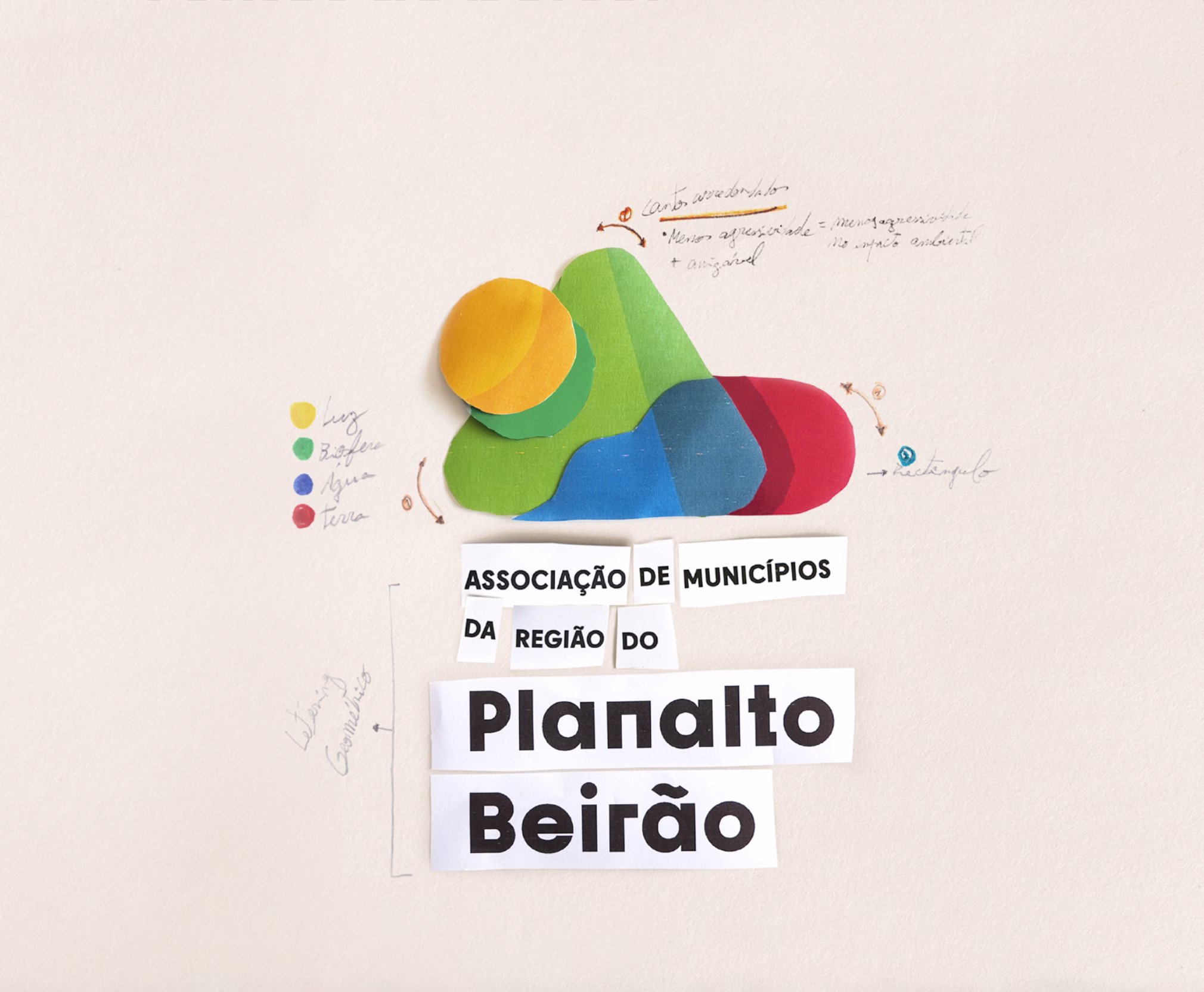 Planalto Beirão logo built from cut paper shapes, with hand-written sketch notes