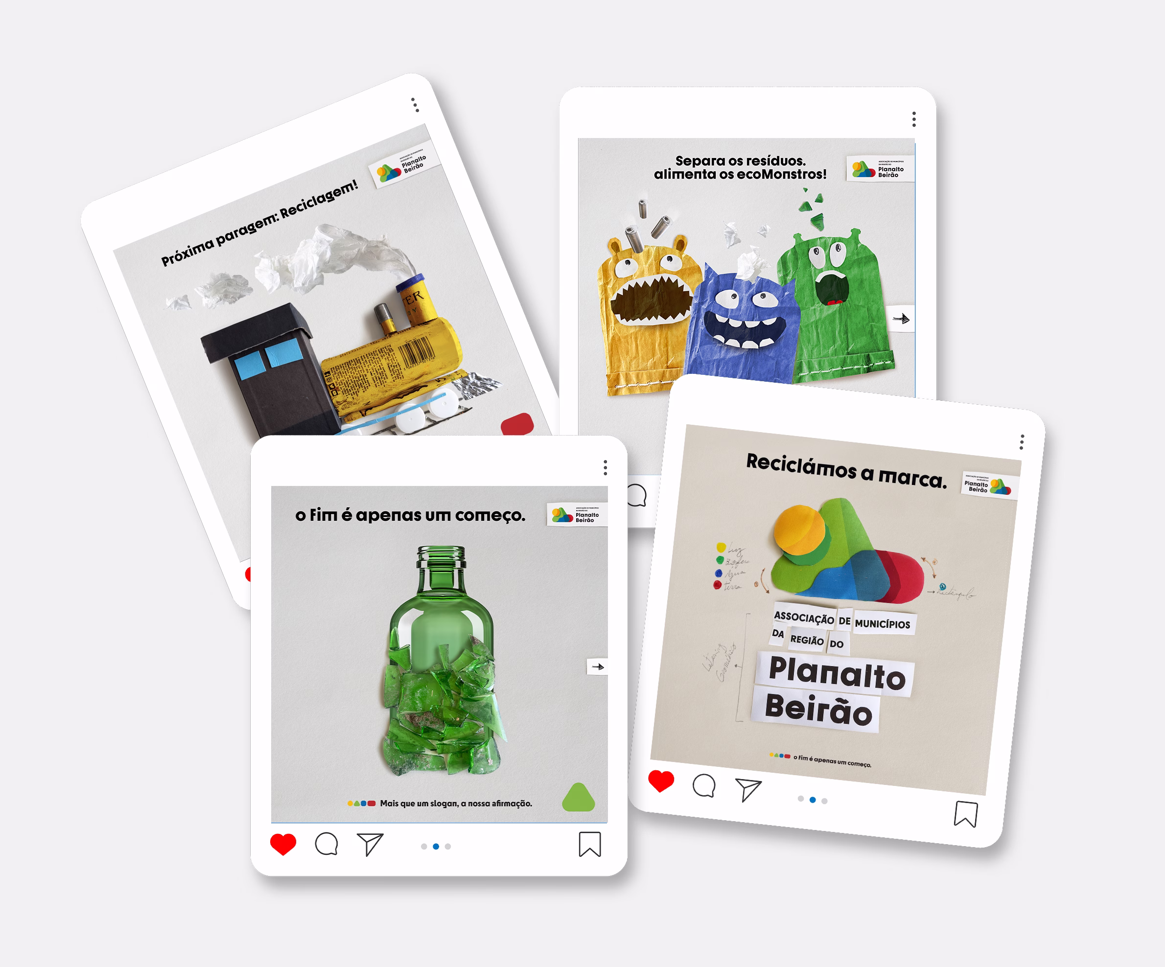 Planalto Beirão recycling campaign social media posts with paper monster mascots
